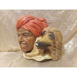 Vintage England Chalkware Wall Hanging Bust Afghani Man and Afghan Hound